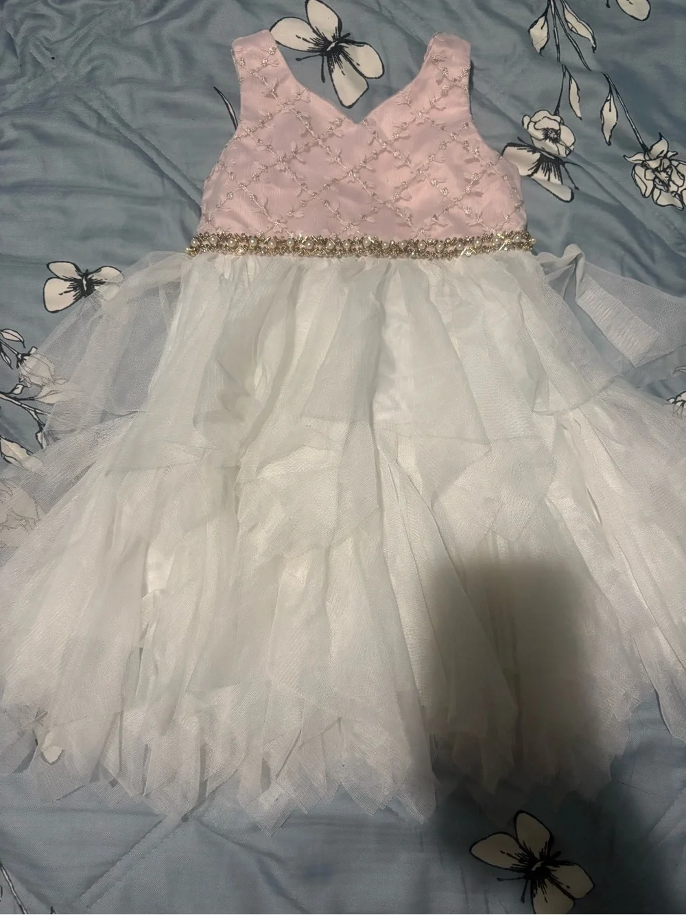 Sparkle Waist Pink and White Tulle Formal Dress for Girls